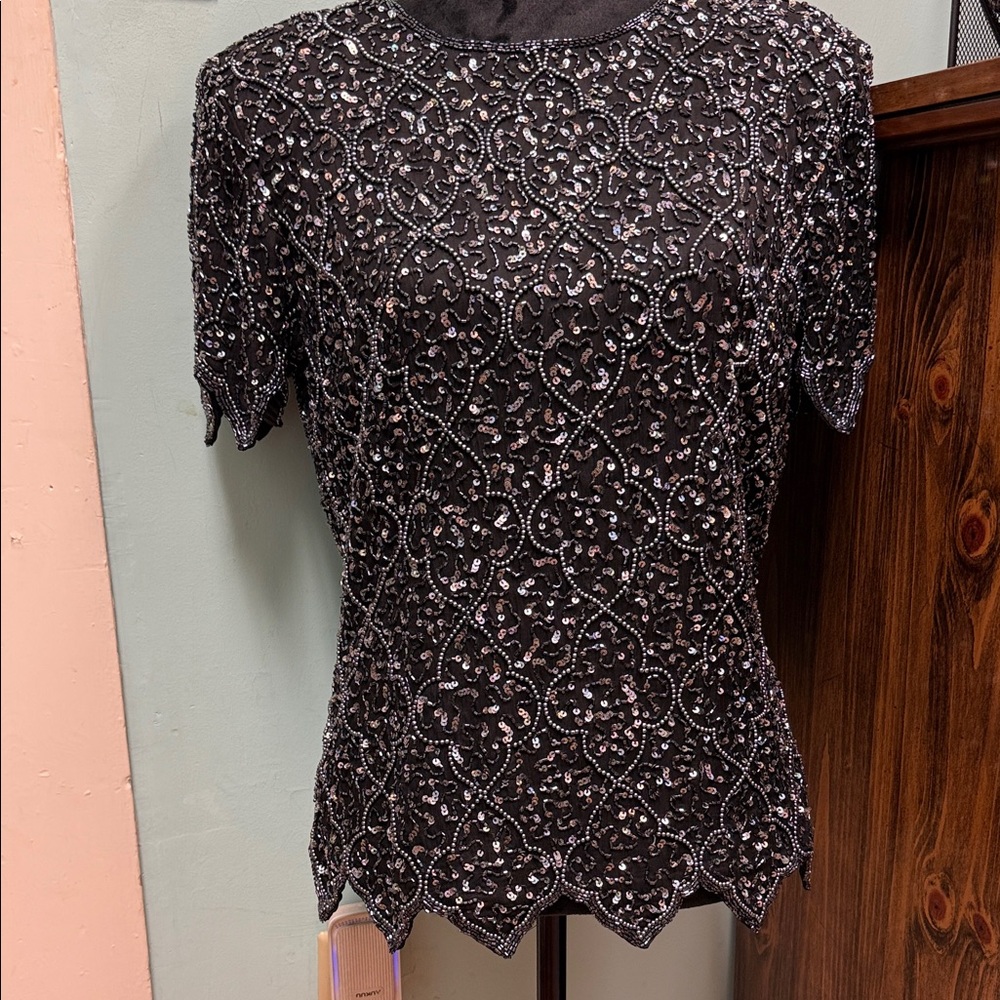 Chic Black Sequin Lace Blouse